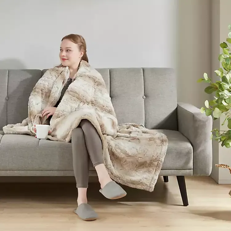 Blankets & Throws>Kirklands Home Beautyrest Sand Faux Fur Oversized Heated Throw Tan