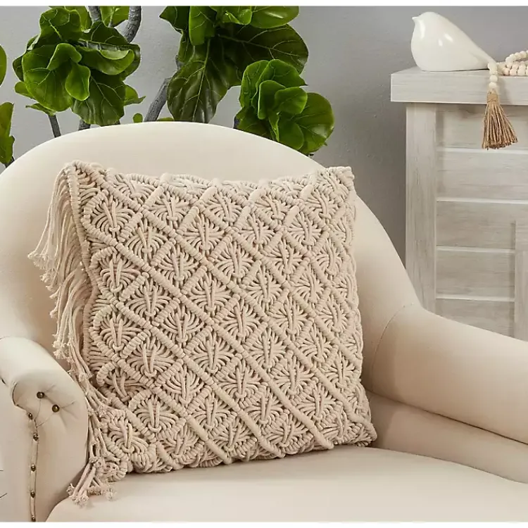 Blankets & Throws>Kirklands Home Beige Macrame Design Throw Pillow Tan