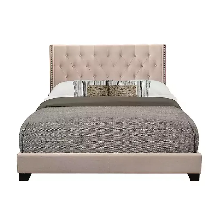 Kirklands Home Beige Upholstered Button Tufted Wing Queen Bed Tan Outlet