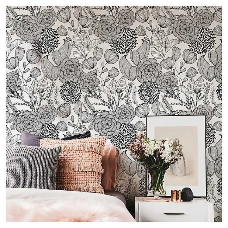 Kirklands Home & White Floral Garden Peel & Stick Wallpaper Black Best