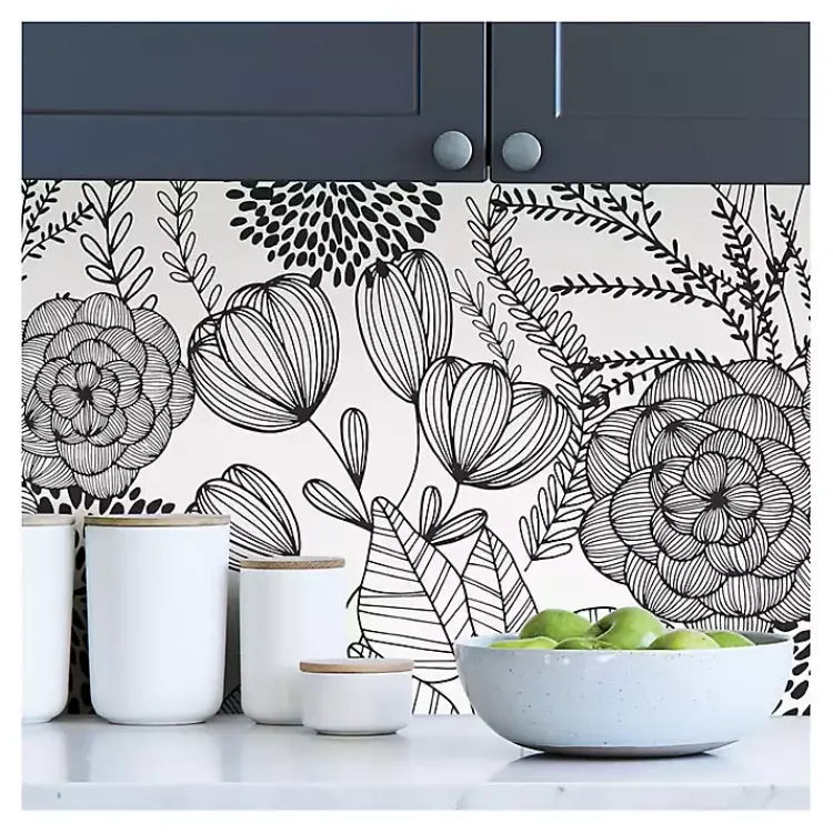 Kirklands Home & White Floral Garden Peel & Stick Wallpaper Black Best