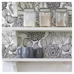 Kirklands Home & White Floral Garden Peel & Stick Wallpaper Black Best