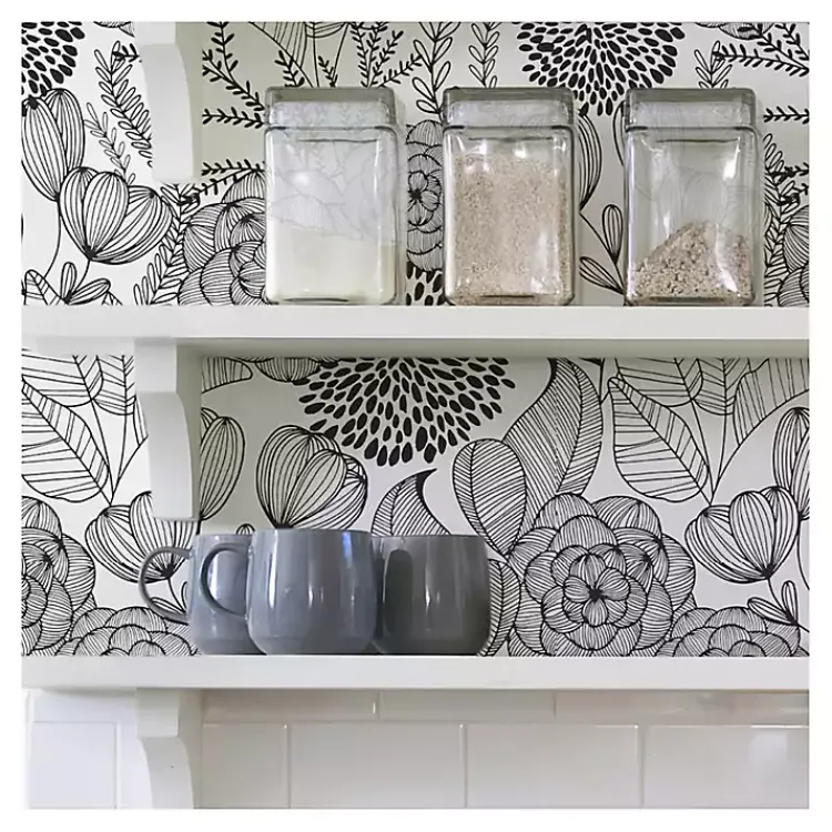 Kirklands Home & White Floral Garden Peel & Stick Wallpaper Black Best