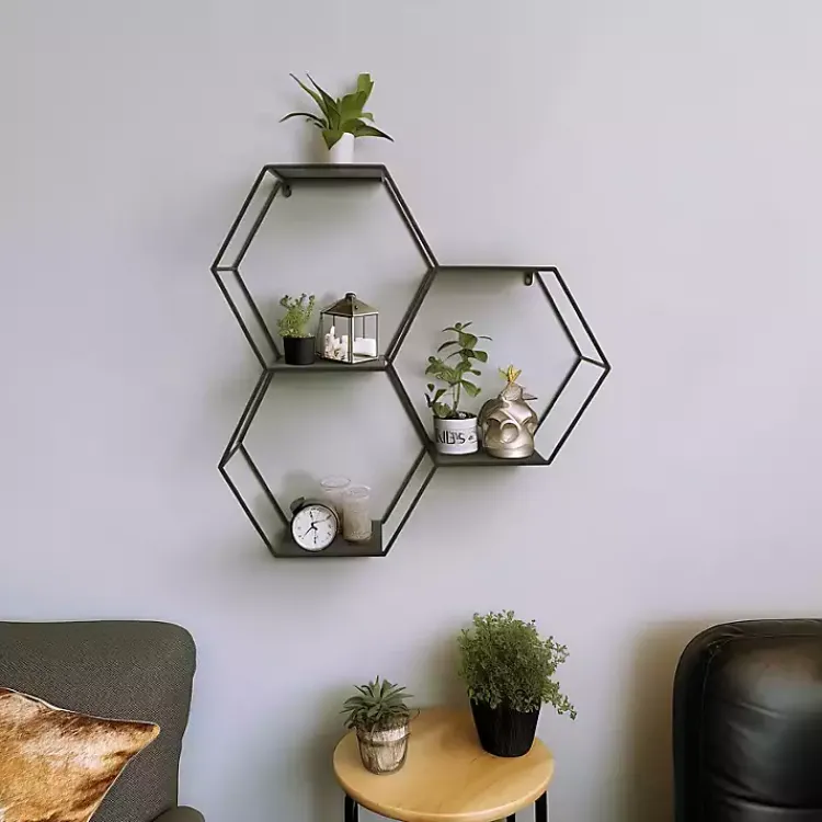 Kirklands Home Black Metal Hexagon Wall Shelf New