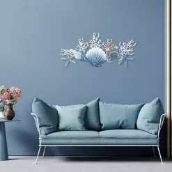 Kirklands Home Blue Metal Coral and Shell Wall Plaque New
