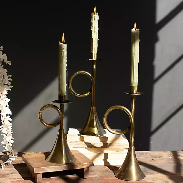 Candle Holders>Kirklands Home Brass Antique Trumpet Candle Holders, Set of 3 Gold