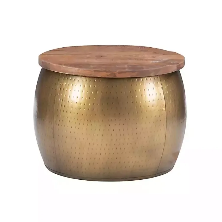 Kirklands Home Brass Hammered Drum Storage Coffee Table Brown