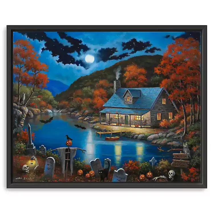 Halloween>Kirklands Home Cabin On Lake Graveyard Framed Canvas Art Print Blue