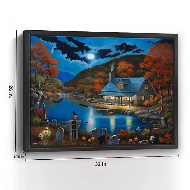 Halloween>Kirklands Home Cabin On Lake Graveyard Framed Canvas Art Print Blue