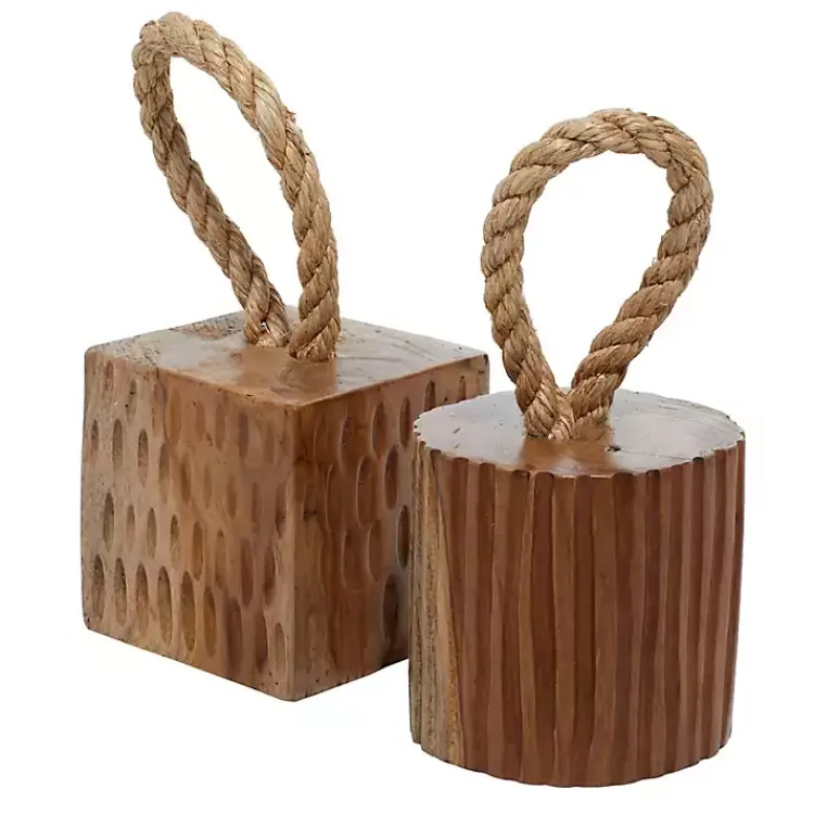 Decorative Accents>Kirklands Home Carved Teak Wood and Rope Door Stoppers, Set of 2 Brown