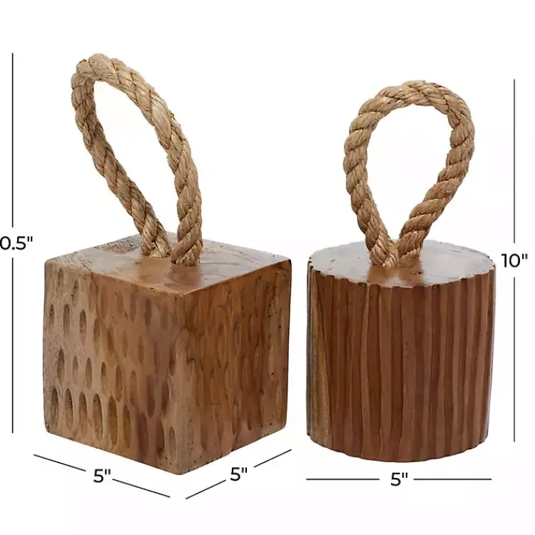 Decorative Accents>Kirklands Home Carved Teak Wood and Rope Door Stoppers, Set of 2 Brown