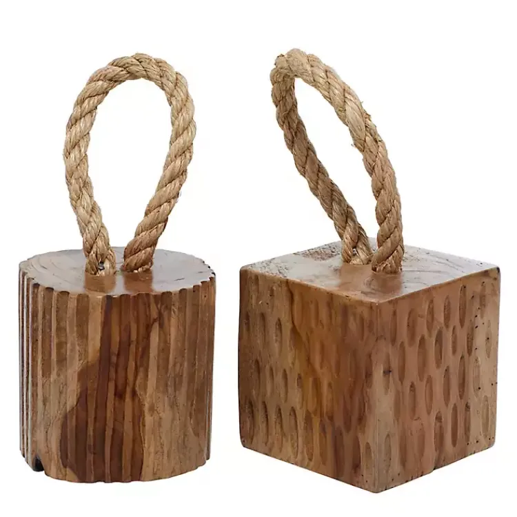 Decorative Accents>Kirklands Home Carved Teak Wood and Rope Door Stoppers, Set of 2 Brown