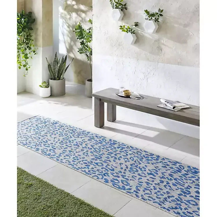 Kirklands Home Cauli Leopard Print Outdoor Runner Rug, 2x12 Blue Clearance