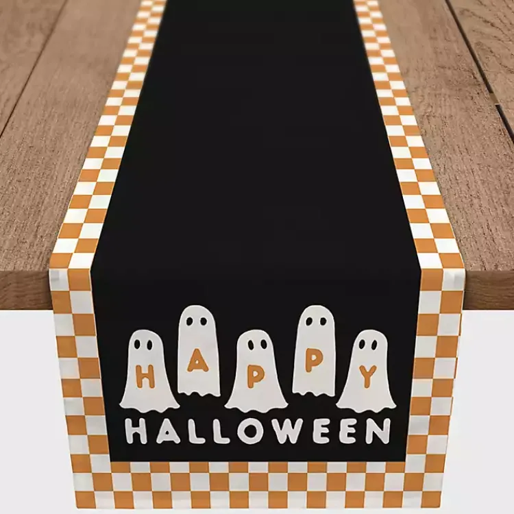 Halloween>Kirklands Home Checker Happy Halloween Ghost Table Runner, 90 in.