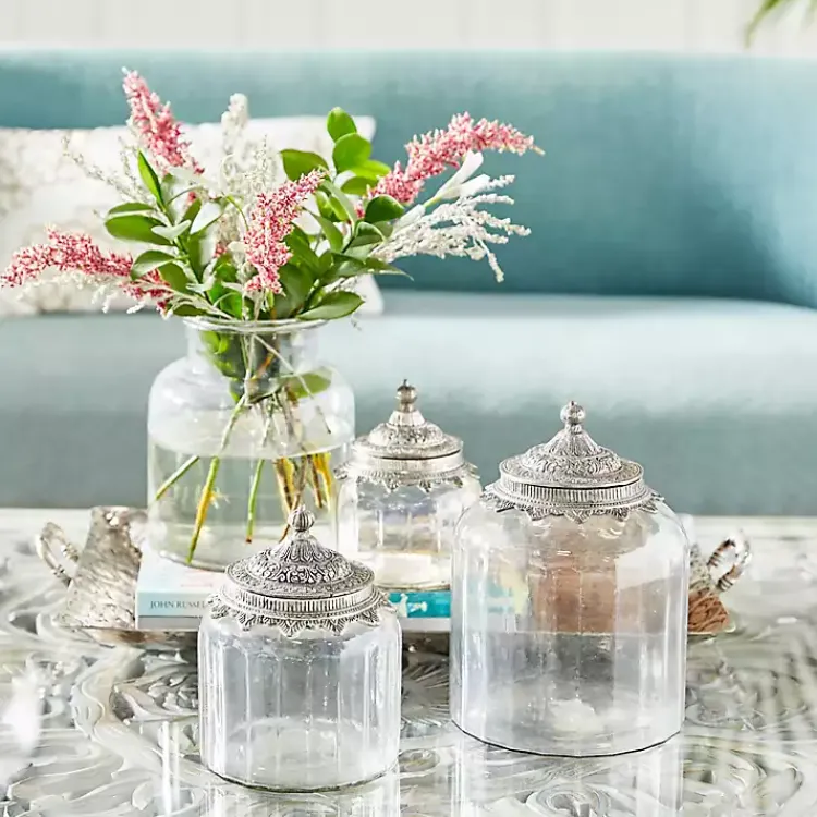 Decorative Bowls & Jars>Kirklands Home Clear Glass Jars with Decorative Lids, Set of 3