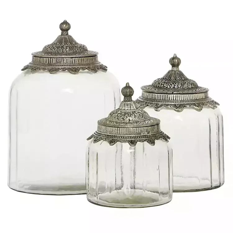 Decorative Bowls & Jars>Kirklands Home Clear Glass Jars with Decorative Lids, Set of 3