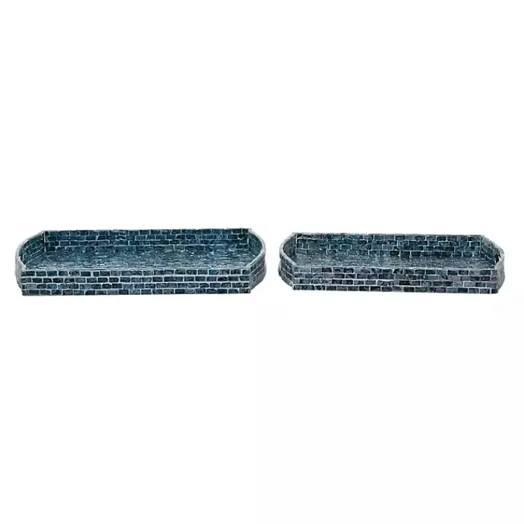 Decorative Trays>Kirklands Home Coastal Wood and Oyster Shell Trays, Set of 2 Blue