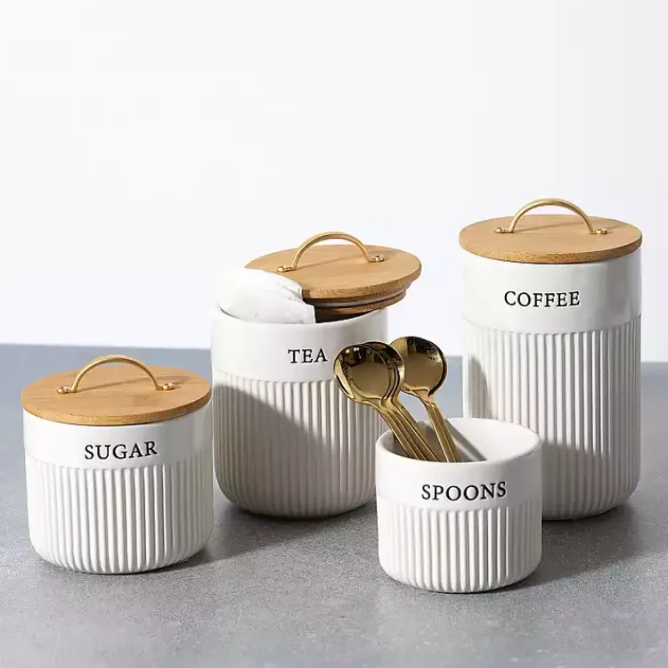 Kirklands Home Coffee Ribbed Ceramic Canister Ivory Best
