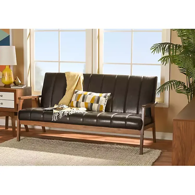 Kirklands Home Dark Faux Leather Channel Sofa, 63 in. Brown Discount