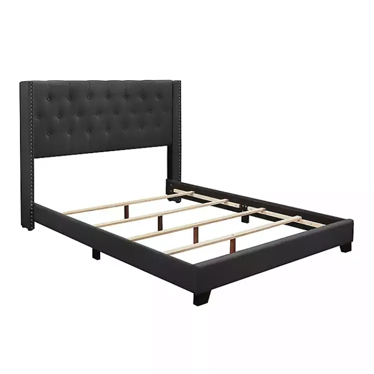 Kirklands Home Dark Upholstered Button Tufted Wing Queen Bed Gray
