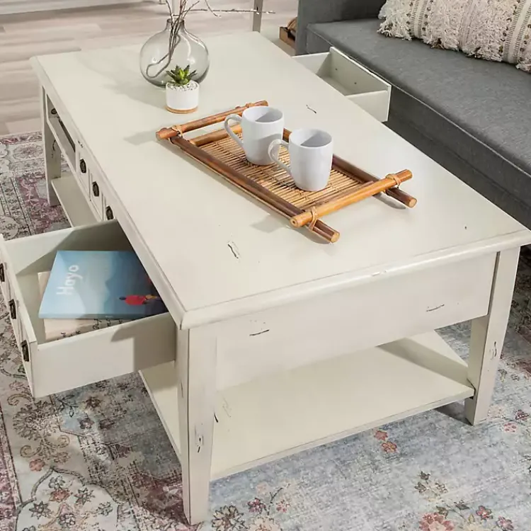 Kirklands Home Distressed Cream Wood 3-Drawer Coffee Table Ivory Sale