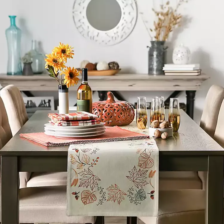 Fall>Kirklands Home Embroidered Autumn Leaves Table Runner, 108 in. Ivory