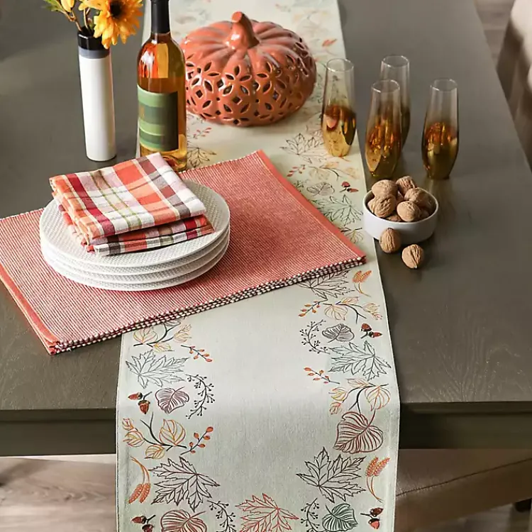 Fall>Kirklands Home Embroidered Autumn Leaves Table Runner, 108 in. Ivory
