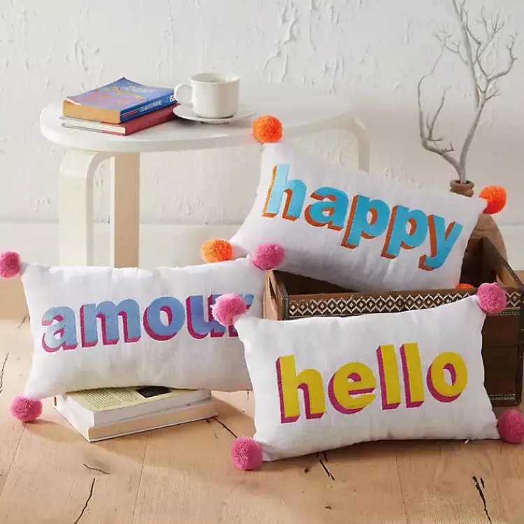 Pillows>Kirklands Home Embroidered Hello Pom Pom Lumbar Pillow