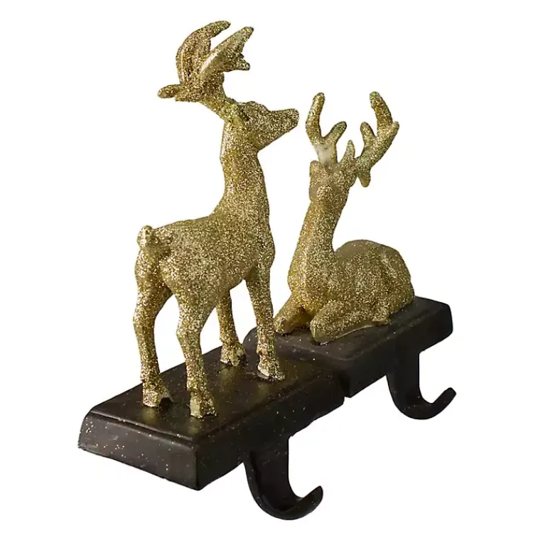 Christmas Stockings & Stocking Holders>Kirklands Home Glittery Gold Reindeer Stocking Holders, Set of 2