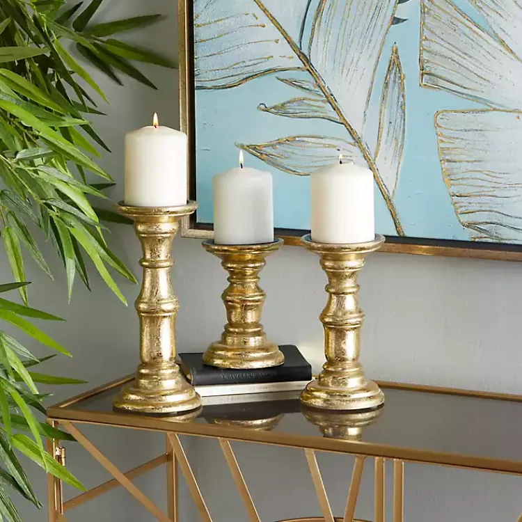 Candle Holders>Kirklands Home Carved Mango Wood Candle Holders, Set of 3 Gold