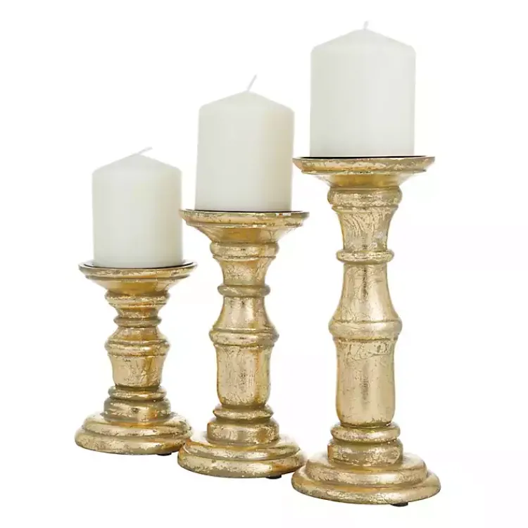Candle Holders>Kirklands Home Carved Mango Wood Candle Holders, Set of 3 Gold