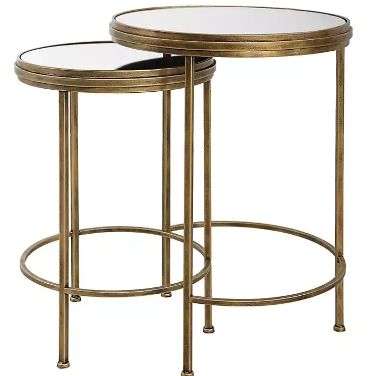 Kirklands Home Metal Mirror Top 2-pc. Nesting Side Table Set Gold New