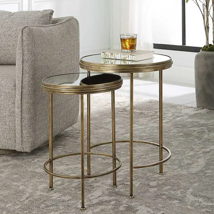 Kirklands Home Metal Mirror Top 2-pc. Nesting Side Table Set Gold New