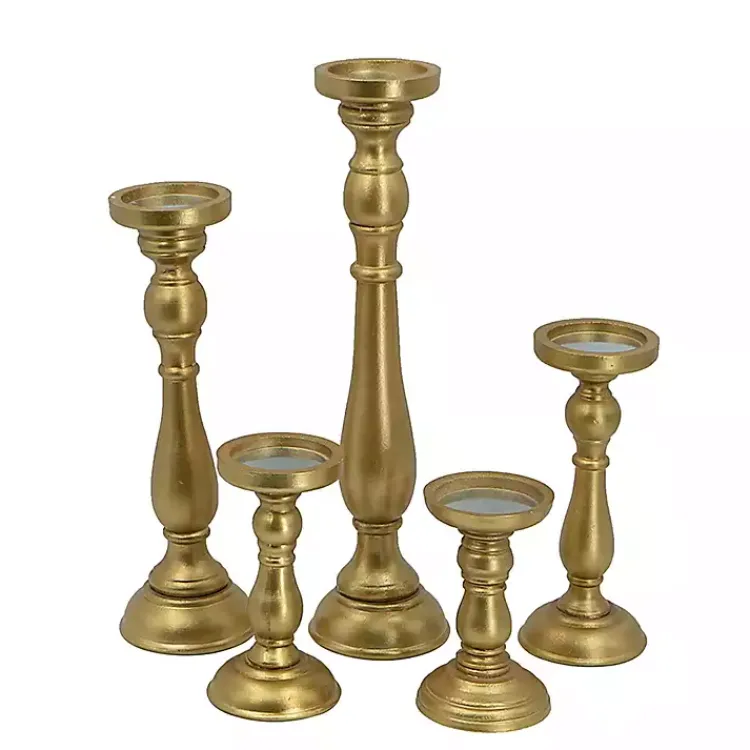 Candle Holders>Kirklands Home Wood Spindle Taper Candle Holders, Set of 5 Gold