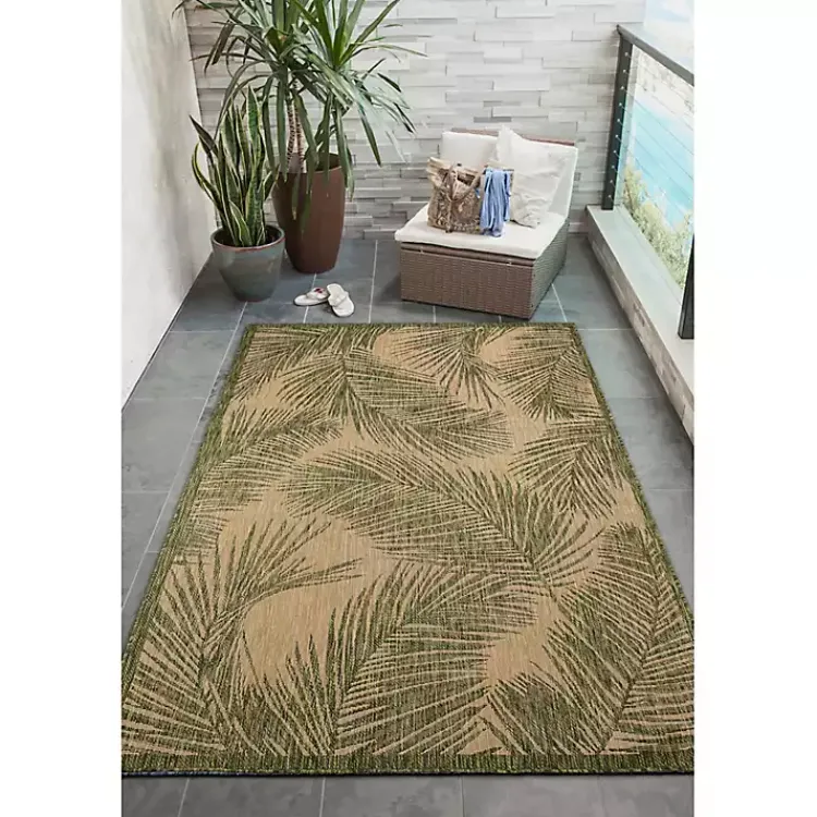 Kirklands Home Golden Green Palm Leaves Outdoor Area Rug, 4x7 New