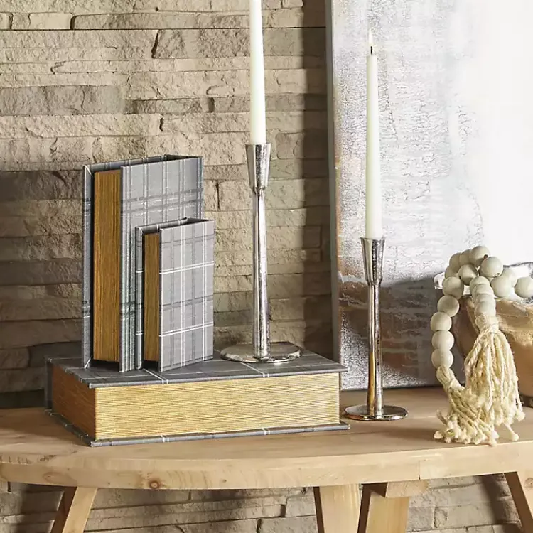 Baskets & Boxes>Kirklands Home Plaid Faux Leather Book Boxes, Set of 3 Gray