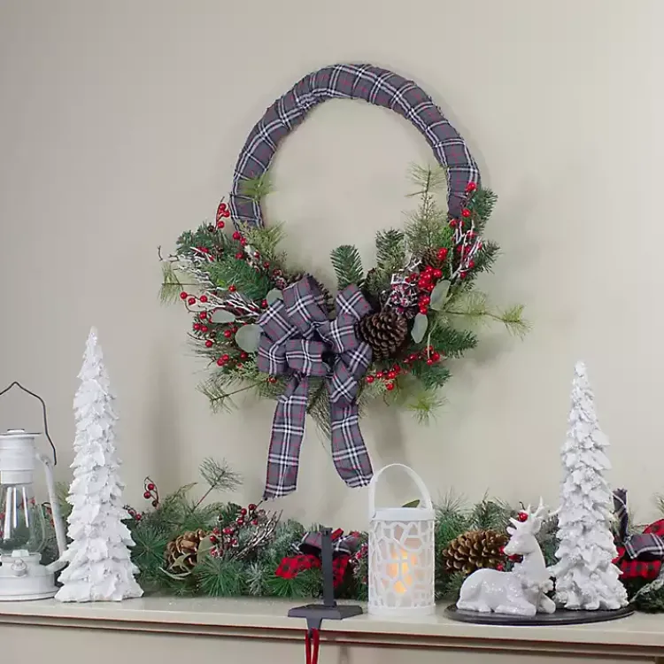 Christmas Wreaths>Kirklands Home Gray Plaid Pine and Berries Wreath