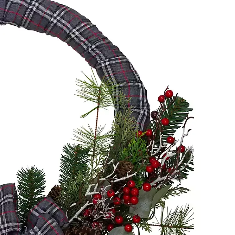 Christmas Wreaths>Kirklands Home Gray Plaid Pine and Berries Wreath