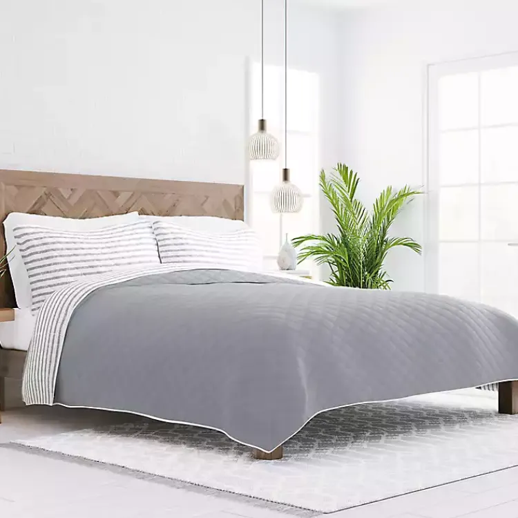 Kirklands Home Gray Striped Reversible 3-pc. Queen Quilt Set Outlet