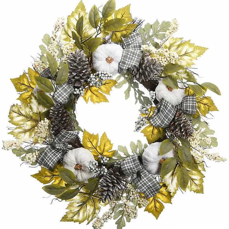 Wreaths>Kirklands Home Green and Gray Ribbon Harvest Mix Wreath