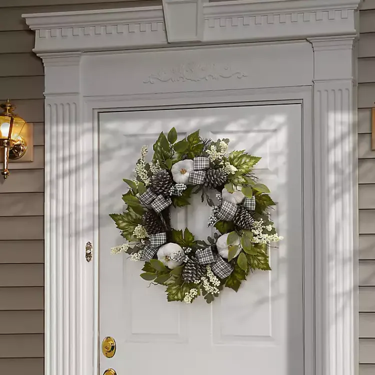 Wreaths>Kirklands Home Green and Gray Ribbon Harvest Mix Wreath