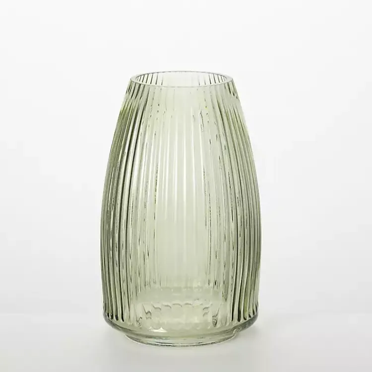 Vases>Kirklands Home Round Ribbed Glass Vase Green