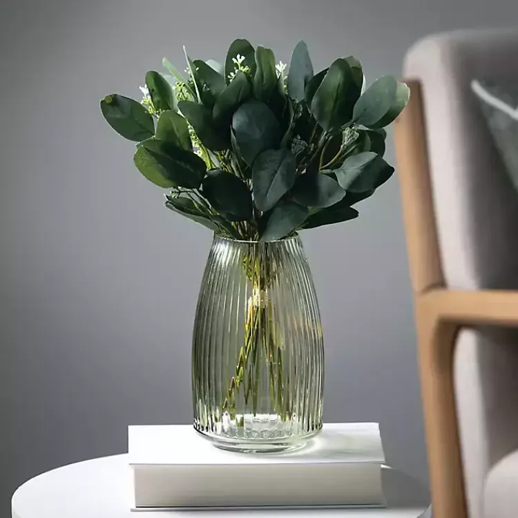 Vases>Kirklands Home Round Ribbed Glass Vase Green