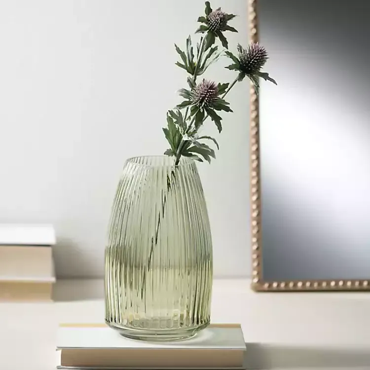 Vases>Kirklands Home Round Ribbed Glass Vase Green