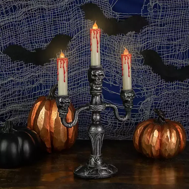 Halloween>Kirklands Home LED Bloody Skull Halloween Candelabra Silver