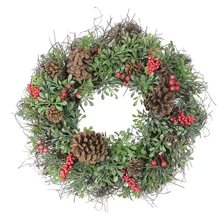 Wreaths>Kirklands Home Lightly Frosted Cedar and Red Berry Wreath