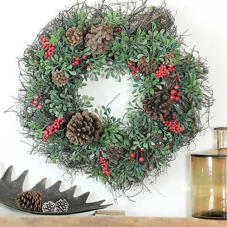 Wreaths>Kirklands Home Lightly Frosted Cedar and Red Berry Wreath