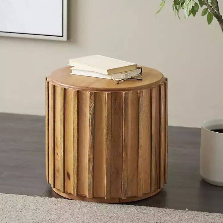 Kirklands Home Mango Wood Ridged Drum Accent Table Brown