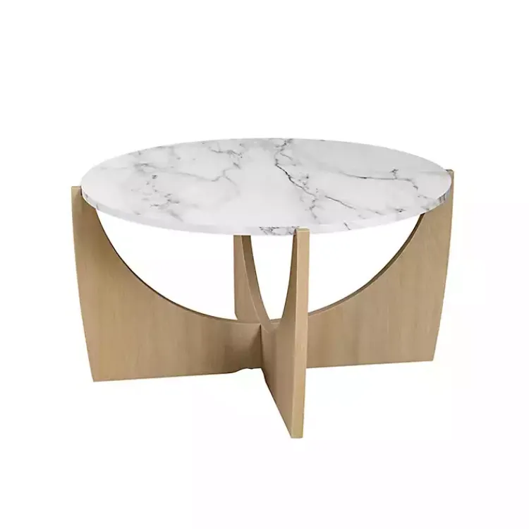 Kirklands Home Marble & Oak Open Base Round Coffee Table Tan