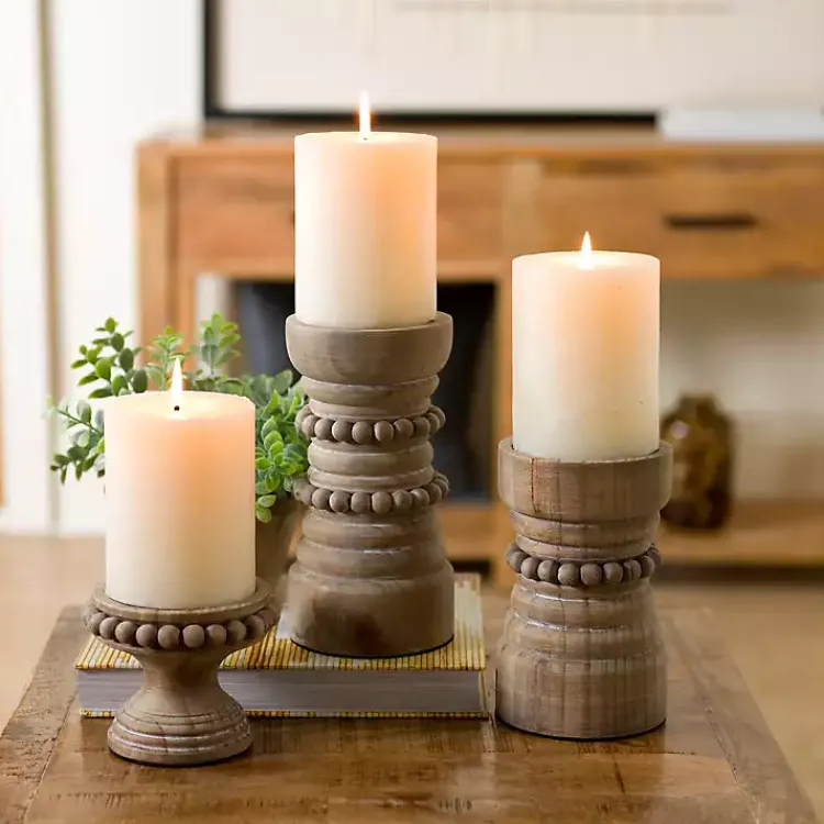 Candle Holders>Kirklands Home Natural Wood Beaded Pillar Candle Holder, 8 in. Brown